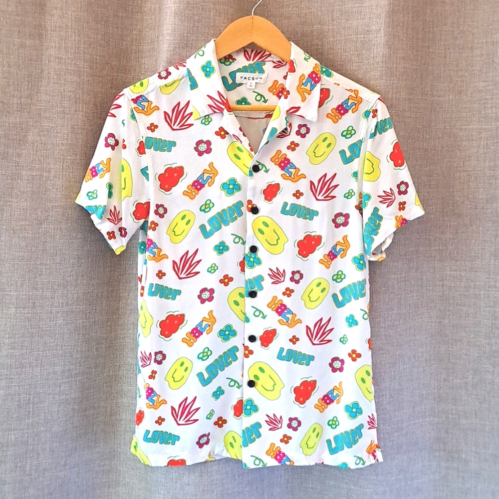Pacsun Mens Small Happy Times Printed Button Down Shirt Groovy Fun Smiley Face